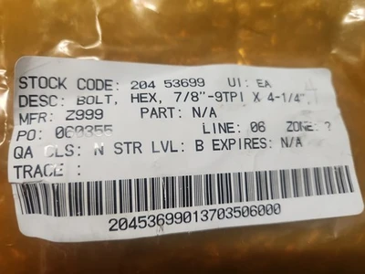 🆕️ *LOT OF 4* Hex Head Bolt 7/8"-9TPI X 4-1/4 ⚡️🇺🇸 SHIP