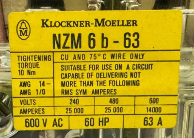 NEW KLOCKNER-MOELLER NZM6B-63/ZM 6-63-CNA CIRCUIT BREAKER 600V 40-63A 400-800A