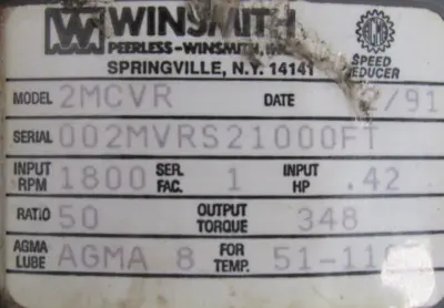 USED WINSMITH 2MCVR GEAR REDUCER 50:1