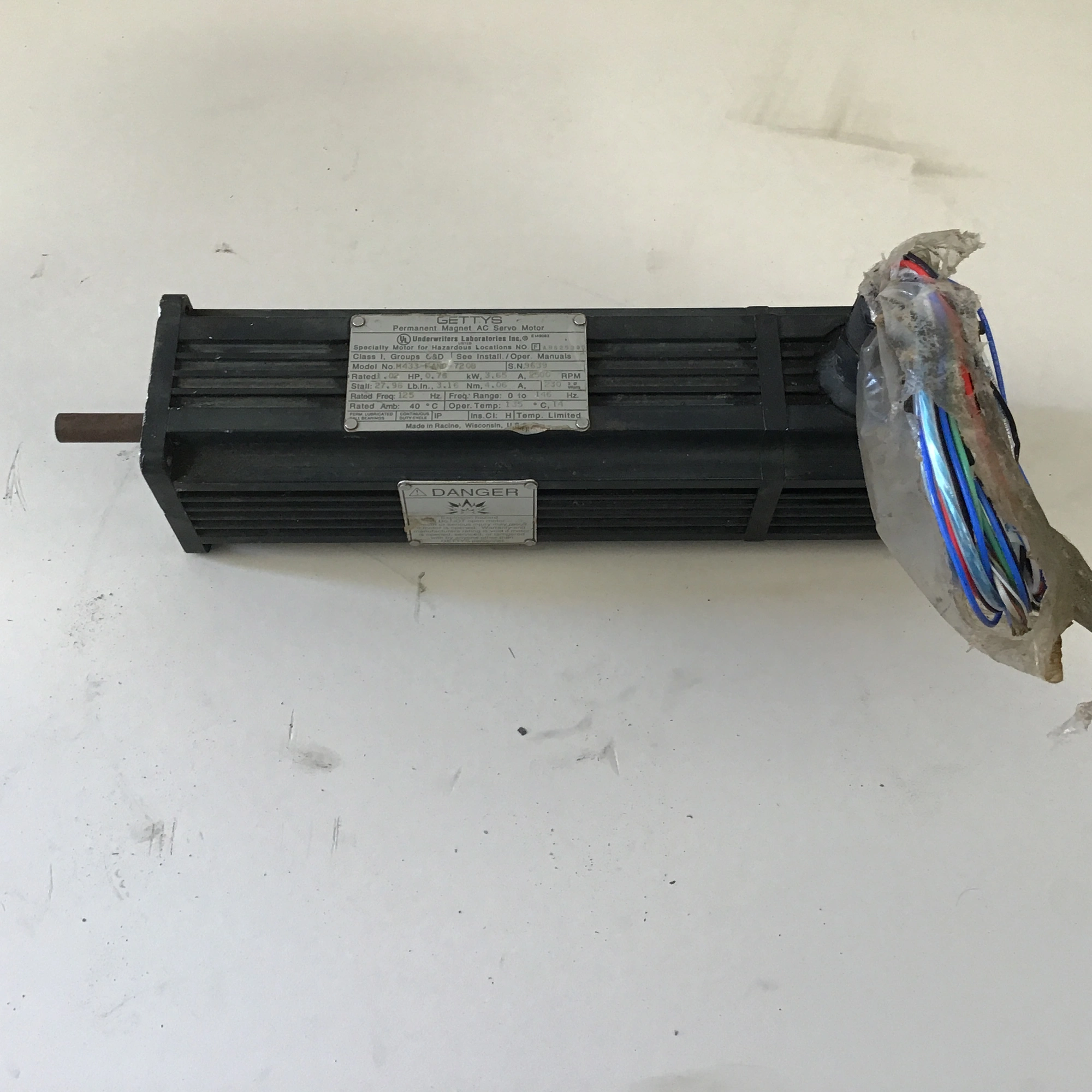 Gettys M433-F-AN0-7208 Permanent Magnet AC Servo Motor 1/2″ Shaft Rated 1.02 RPM 2500