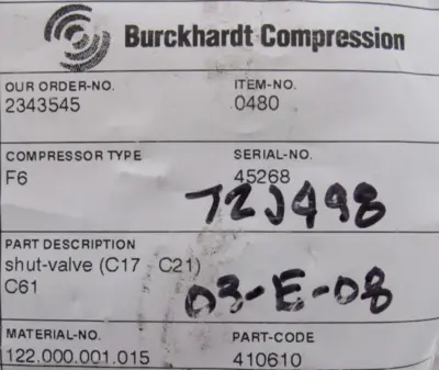 NEW BURCKHARDT COMPRESSION 410610 SHUTOFF VALVE 0480 C61 G1/2-LW3