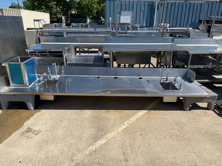 Used Falcon Restaurant Supply Used 136" Stainless Steel Counter with 2 Sink Compartments, Faucets and Ice Bin - SS5 Sinks Illinois US | Falcon Restaurant Supply #1376042