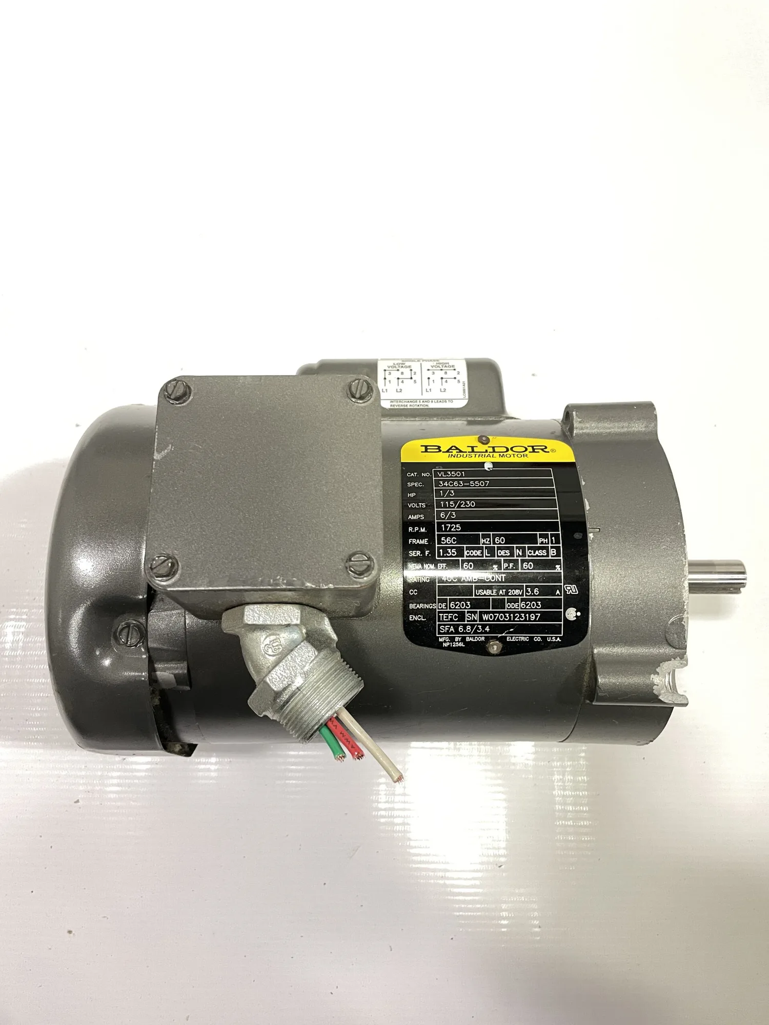 Baldor VL3501 1/3HP Electric Motor 1725RPM 115/230V 1PH TEFC