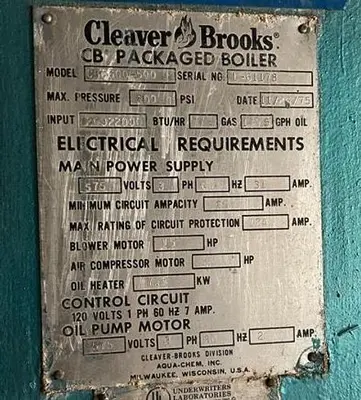 500 HP Cleaver Brooks 300 PSI Steam Boiler 1975
