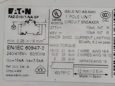 Eaton FAZ-D10/1-NA-SP 1 Pole 10A Circuit Breaker Loc4E33