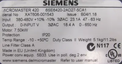 USED SIEMENS 6SE6420-2AD27-5CA1 MICROMASTER 420 6SE6400-0BP00-0AA0