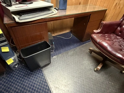 Lot of executive office furniture, includes (1) 72" desk, (1) 72" credenza, (1) rolling padded seat ...