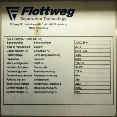 Flottweg S3E-3/408 sedicanter centrifuge, 316SS.