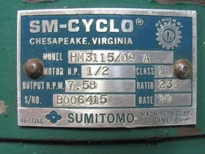 Sumitomo HM3115/09 SM-Cyclo 231:1 Ratio 1/2Hp Input 7.58 RPM Output Gear Reducer