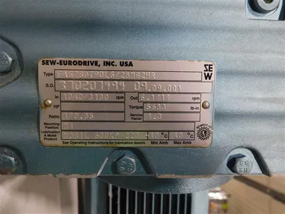 1.8 HP SEW SDFT90L6/2BMG2HR Gear Motor RPM 1040 In/3180 Out 460Y/Y VAC Used
