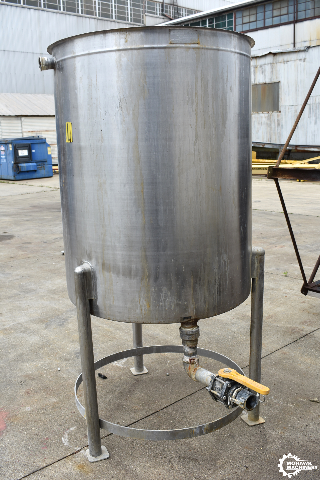 214 GALLON (APPROX) VERTICAL STAINLESS STEEL STORAGE TANK w/FABRICATED STAND - 37” TANK DIAMETER - 46” TANK HEIGHT