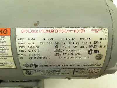 US Motors A425B AC Motor 2Hp 1730rpm 230/460v 3Ph 145T TEFC