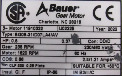 NEW BAUER BG06-31/D07LA4/AV GEAR MOTOR .5HP 230/460V 11910332 BG0631D07LA4AV