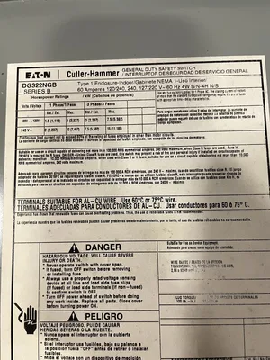 Eaton Cutler-Hammer DG322NGB 60A 3 Pole Safety Disconnect Switch 120V 240V