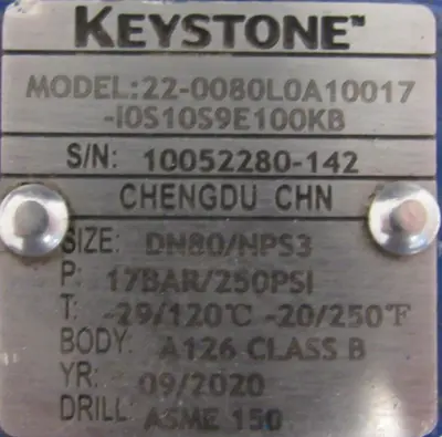 NEW KEYSTONE 22-0080L0A10017-IOS10S9E100KB BUTTERFLY VALVE 3" DN80/NPS3