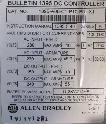 REFURBISHED ALLEN BRADLEY 1395-A68-C1-P10-P51-X1 DC DRIVE 15HP SER.B