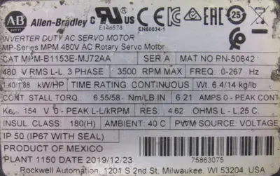 REFURBISHED ALLEN BRADLEY MPM-B1153E-MJ72AA SERVO MOTOR MPMB1153EMJ72AA