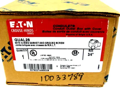 NEW EATON GUAL26 CONDUIT OUTLET BOX W/ O-RING, GASKET AND GROUND SCREW 3/4"