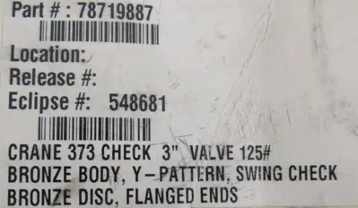 NEW CRANE 373 CHECK VALVE 3" 125S 78719887