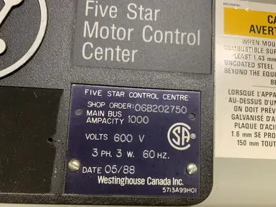 Five Star Double-Sided Motor Control Center (MCC), 600V Max., 1000A, 4 Buckets