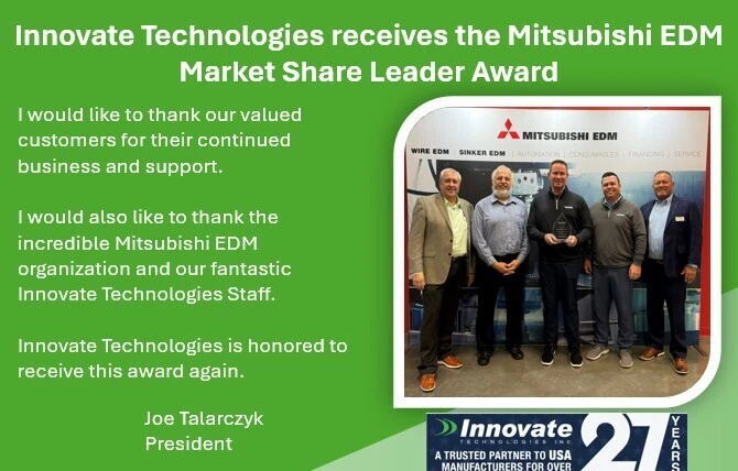 Innovate Technologies receives the Mitsubishi EDM Market Share Leader Award 2025