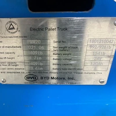 Used 2021 BYD PMW20 Electric Pallet Trucks Alberta CA | Leavitt Machinery #1485463