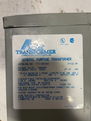 Acme Transformer 1-1-81052 0.75KVA Transformer 1PH 120/240V 12/24V