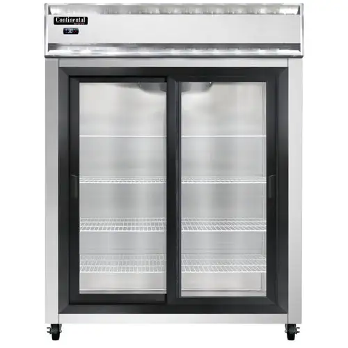 Continental 2RENSGD 57" Two Section Reach In Refrigerator, (2) Sliding Glass Doors, Top Compressor, 115v