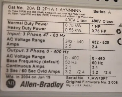 USED ALLEN BRADLEY 20A-D-2P1A-1-AYNNNNN POWERFLEX 70 DRIVE 20AD2P1A1AYNNNNN