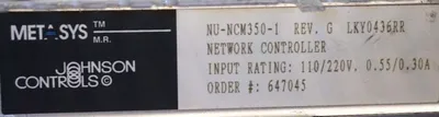 USED JOHNSON CONTROLS NU-NCM350-1 REV.G NETWORK CONTROLLER NUNCM3501