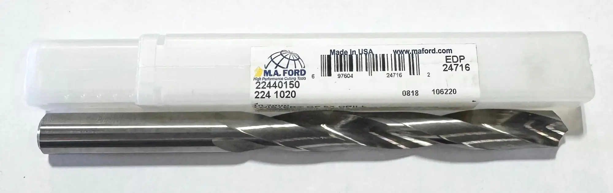 M.A. Ford 10.2mm Solid Carbide Drill 5xD 2 Flute 118 Deg Point USA Made