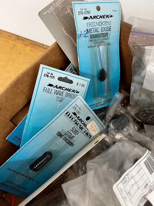 Box of Vintage and Modern Electronic Parts and Components Assortment