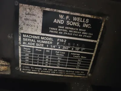 1998 W.F.WELLS W16-2 Horizontal Band Saws (Semi-Automatic) | Myers Technology Co., LLC (1)