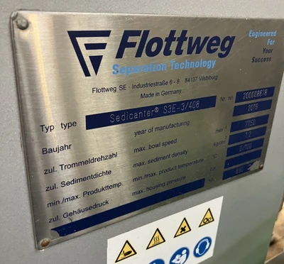 Flottweg S3E-3/408 sedicanter centrifuge, 316SS.