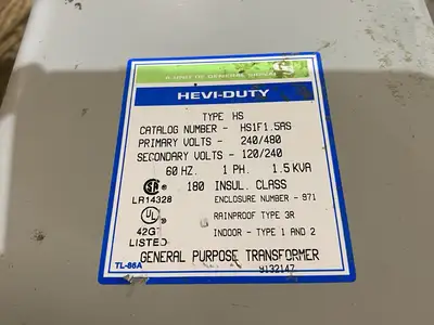 USED GENERAL SIGNAL, HEVI-DUTY GEN. PURPOSE TRANSFORMER, SINGLE-PHASE 1.5KVA