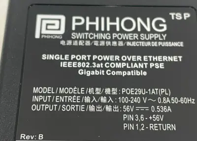 NEW PHIHONG POE29U-1AT(PL) POWER SUPPLY W/185-1080R POWER CABLE POE29U1ATPL