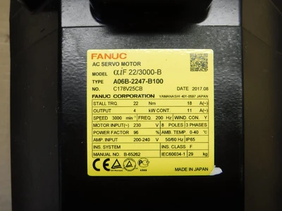 Fanuc AC Servo Motor 230V 18A 3 Phase A06B-2247-B100 (LOC2854B)