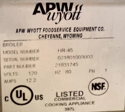 72-0414 APW Wyott HR-45 Roller Grill Broiler