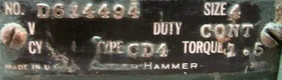USED CUTLER HAMMER D614494 GEARMOTOR TYPE CD4 SIZE 4 240V