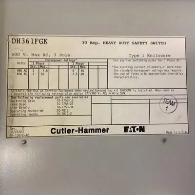 USED CUTLER HAMMER DH361FGK