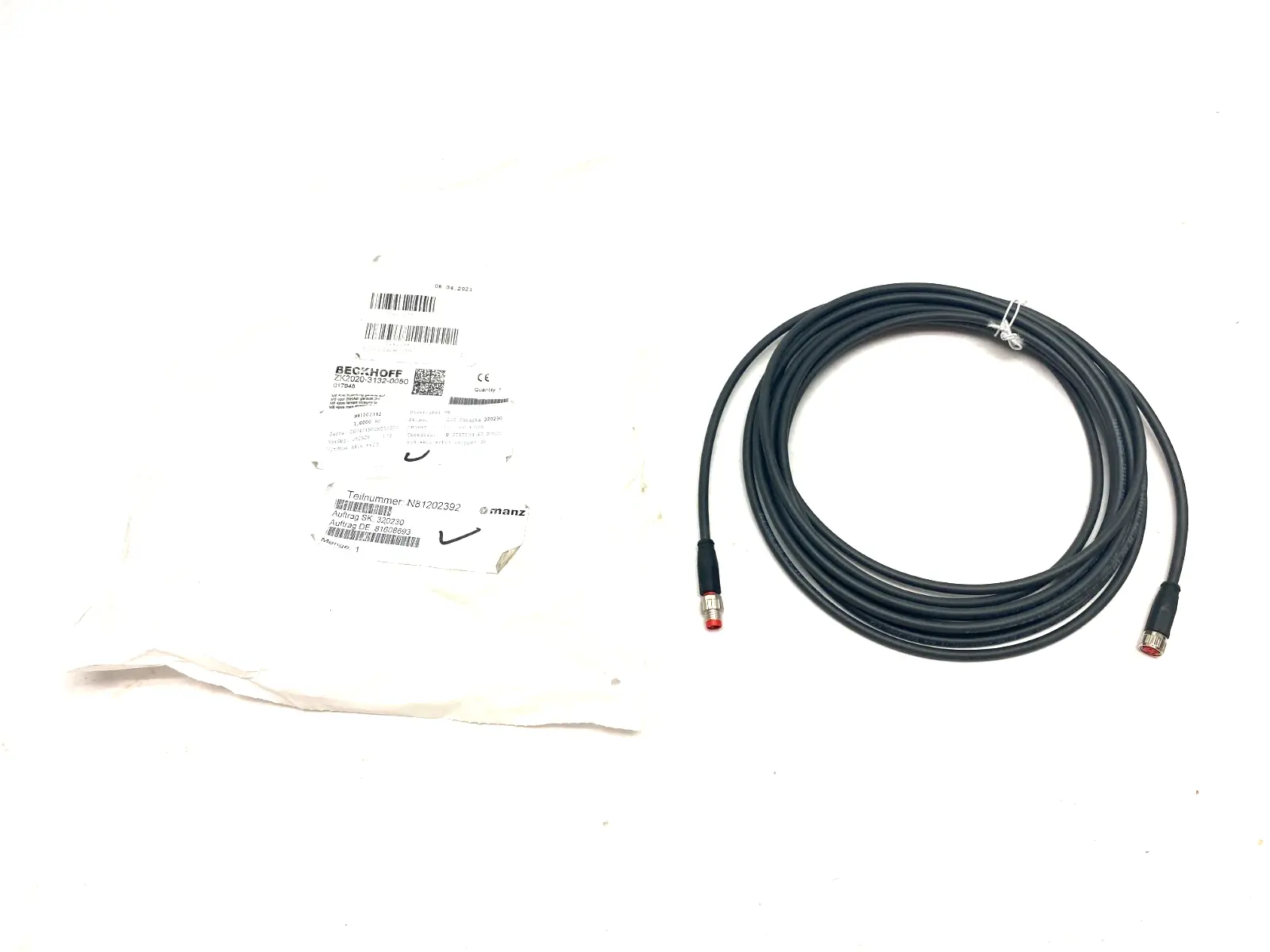 USED BECKHOFF DOUBLE ENDED POWER CABLE M8 4-PIN 5M LENGTH 017948