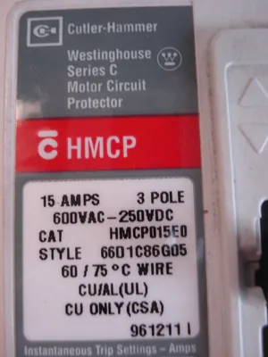 USED CUTLER HAMMER WESTINGHOUSE HMCP015E0 BREAKER