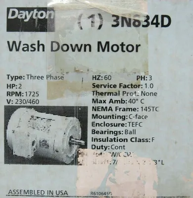 NEW DAYTON 3N834D WASH DOWN MOTOR 2HP 1725RPM 230/460V 7/8" DIA.