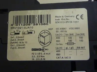 USED SIEMENS 3RV1 021-0JA10