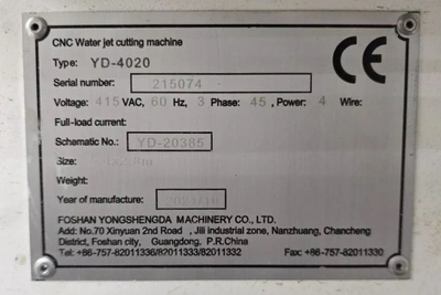 YONGDA CNC Waterjet Cutter, excellent condition, visible under power, POA