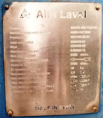 Alfa-Laval WSPX 403 TGP-61 concentrator skid - NO BOWL.