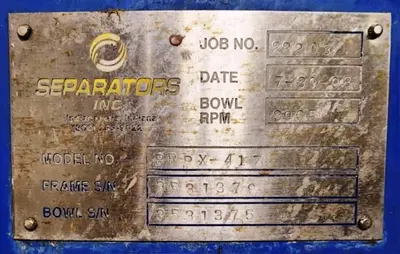 Alfa-Laval BRPX 417 SFV-31CGL-60 clarifier centrifuge, 316SS.