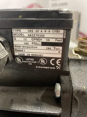 Grundfos CH2-20 A-W-A-CVBV K43Z70302 0.5HP Booster Pump 13GPM 145psi 56ft Hd 3PH