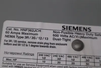 HNF362JCH - Siemens 60A 600V 3-Pole Heavy Duty Non-Fusible Safety Switch NEW