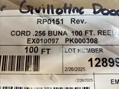 USED MANTALINE CORD .256 BUNA CUSTOM GUILLOTINE DOOR SEAL 90FT